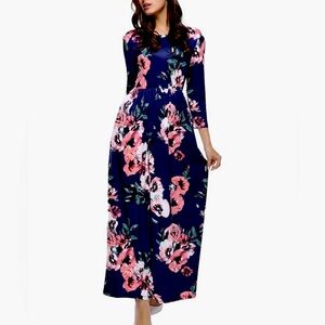 Floral Long Blue Sleeve Dress with pockets!